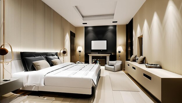 3D rendering luxe moderne slaapkamer suite in hotel met tv en kast