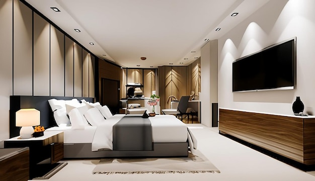 3D rendering luxe moderne slaapkamer suite in hotel met tv en kast