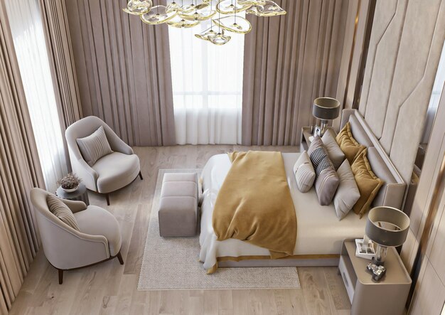 3D-rendering luxe neoklassiek slaapkamerinterieur