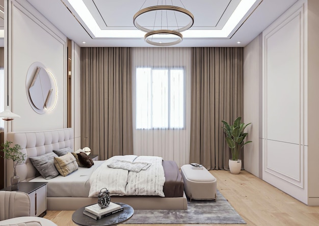 3D-rendering luxe neoklassieke hoofdslaapkamer interieur