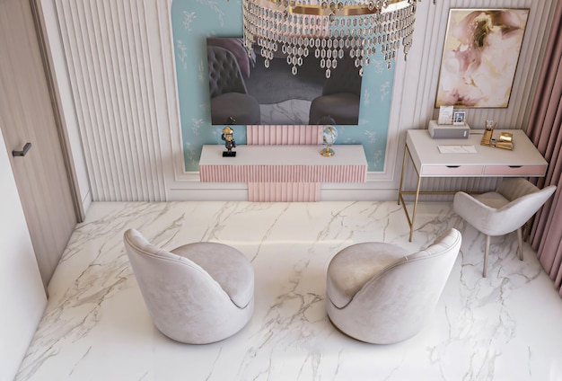 3D-rendering luxe neoklassieke meisjes roze slaapkamer interieur
