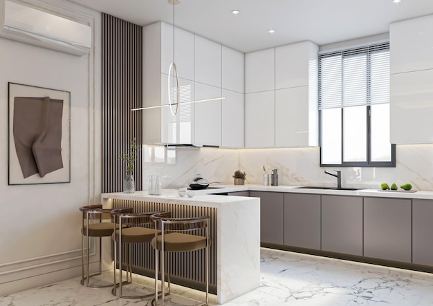3D rendering luxe open keuken met eetkamer interieur