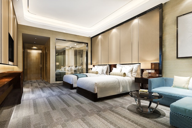 3D rendering luxe slaapkamer suite in resorthotel met twin bed en badkamer