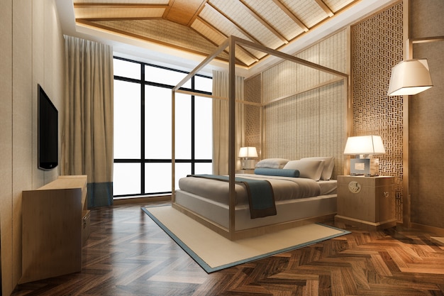 3D rendering luxe tropische slaapkamer suite in resorthotel en resort