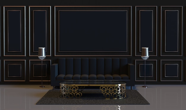 3D-rendering luxe van design interieur woonkamer met bank en gewatteerde wand wandpaneel decoratie