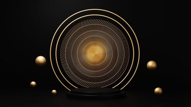 3d rendering of luxurious gold ring wigh design inside on black background