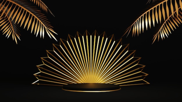 Rendering 3d di lussuoso podio dorato con foglie di palma d'oro su sfondo nero