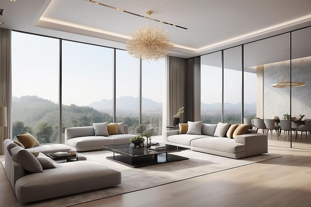 3D rendering luxurious interior design and spacious living room with huge floor to ceiling panoramic windows interior space design