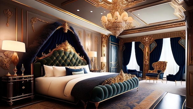 3d rendering luxury bedroom suite in royal style with gold and blue decor