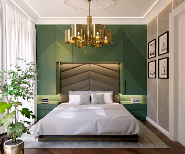 緑の色の装飾のインテリアと3Dレンダリングの豪華なベッドルーム
