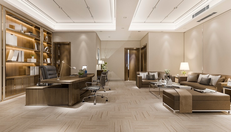 Photo 3d rendering luxury business meeting and working room in executive office