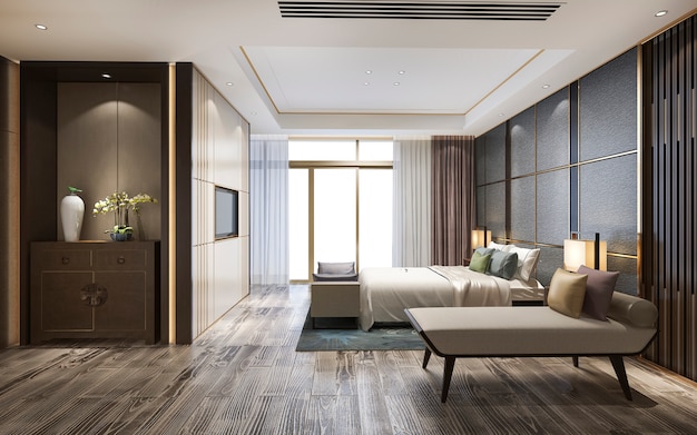 Premium Photo | 3d rendering luxury classic modern bedroom suite in hotel