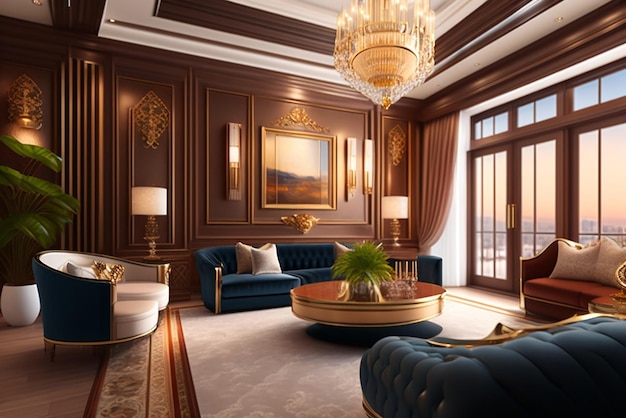 3d rendering luxury classic wood living room near stair and chandelier decor with high ceiling