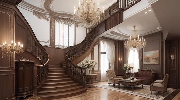 3d rendering luxury classic wood living room near stair and chandelier decor with high ceiling