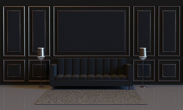 3d rendering luxury of design interior living room with sofa and padded wall wall panel decoration