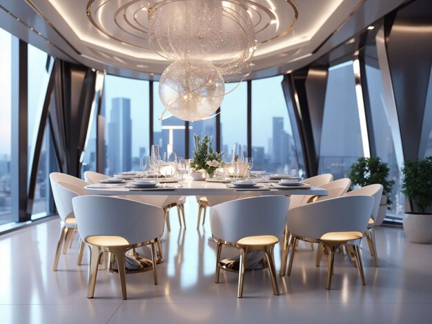 3d rendering luxury dining set in modern luxury dining room futuristic lighting room