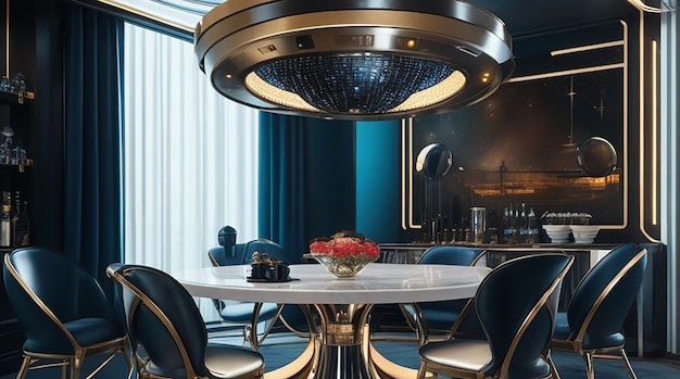 3D-рендеринг роскошного обеденного гарнитура в современной роскошной столовой с футуристическим освещением