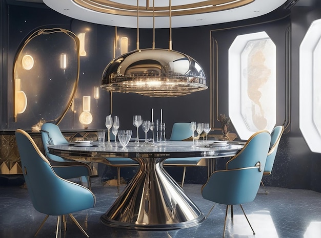 3D-рендеринг роскошного обеденного гарнитура в современной роскошной столовой с футуристическим освещением