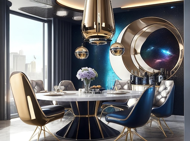 3d rendering luxury dining set in modern luxury dining room futuristic lighting room