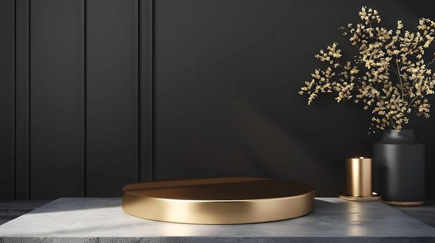 3D rendering of a luxury golden podium with a dried plant in a black vase on a marble table against a dark woodpaneled wall background