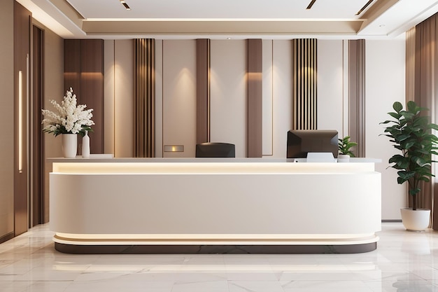 3d 렌더링 럭셔리 호텔 리셉션 홀과 현대 카운터와 함께 사무실