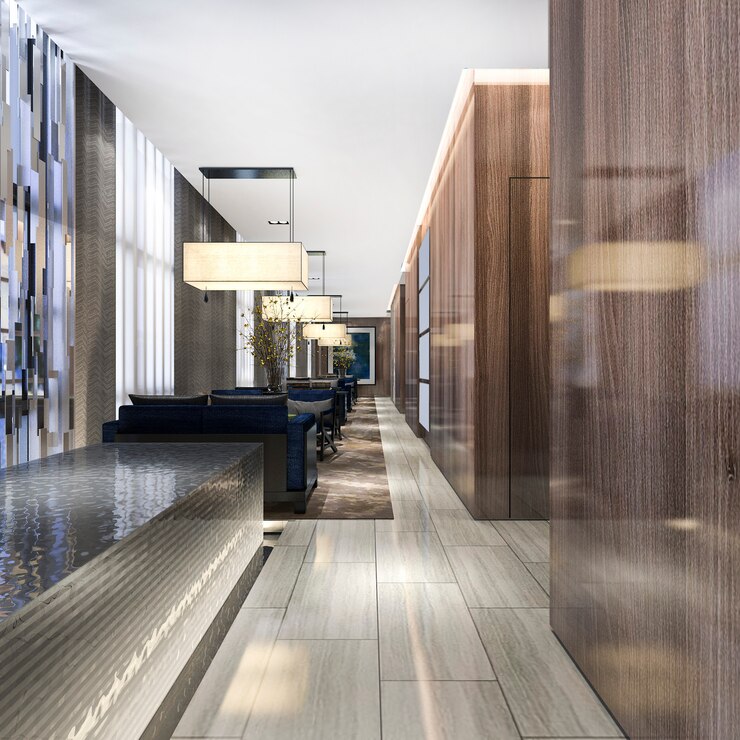 Photo 3d rendering luxury hotel reception and lounge restaurant