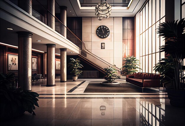 Foto rendering 3d dell'atrio di lusso dell'hotel