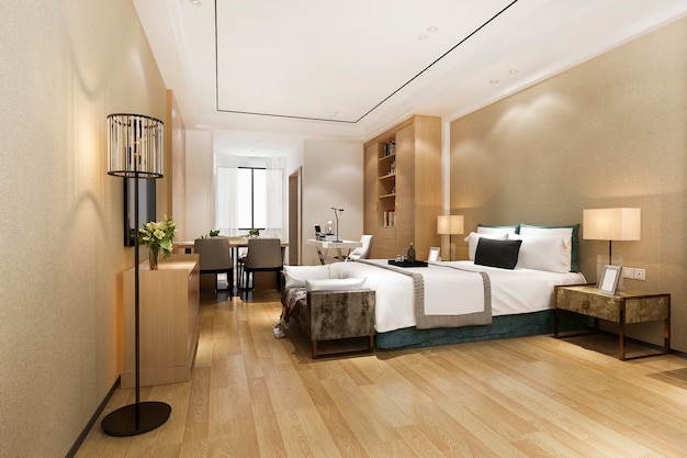 Photo 3d rendering luxury modern bedroom suite in hotel with dining table