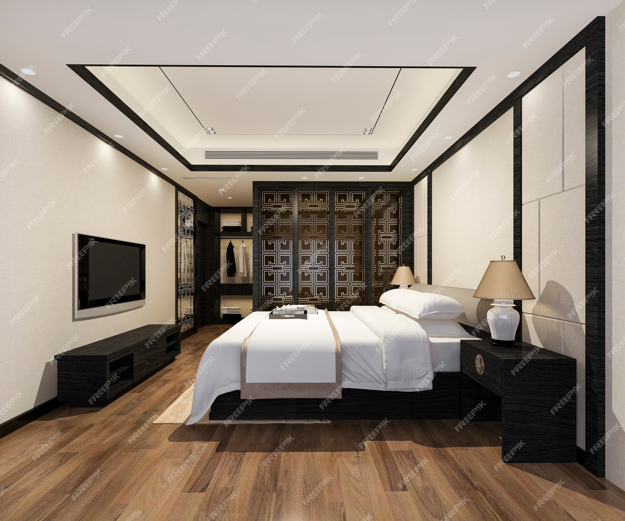 Premium Photo | 3d rendering luxury modern bedroom suite in hotel ...