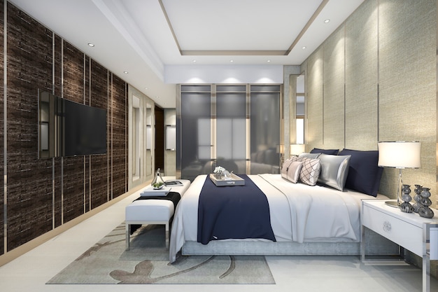 3d rendering luxury modern bedroom suite in hotel with wardrobe and walk in closet