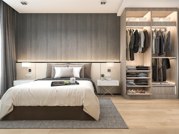 Photo 3d rendering luxury modern bedroom suite in hotel with wardrobe and walk in closet