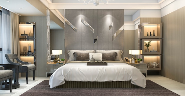 3d rendering luxury modern bedroom suite in hotel