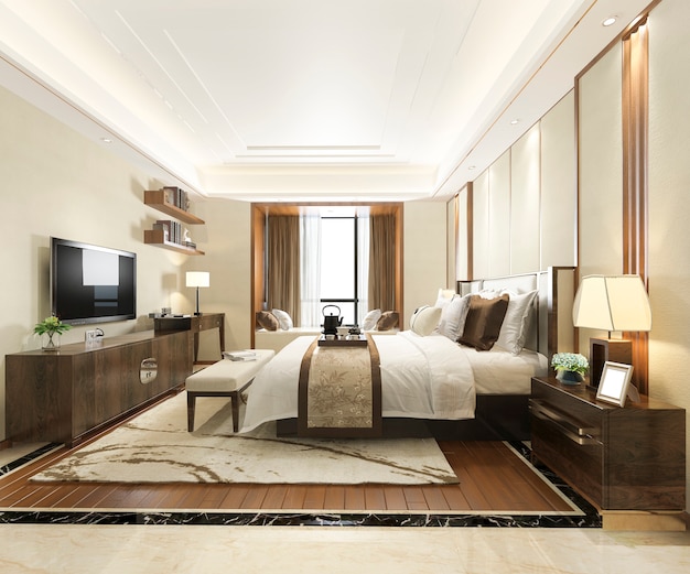 3d rendering luxury modern bedroom suite in hotel