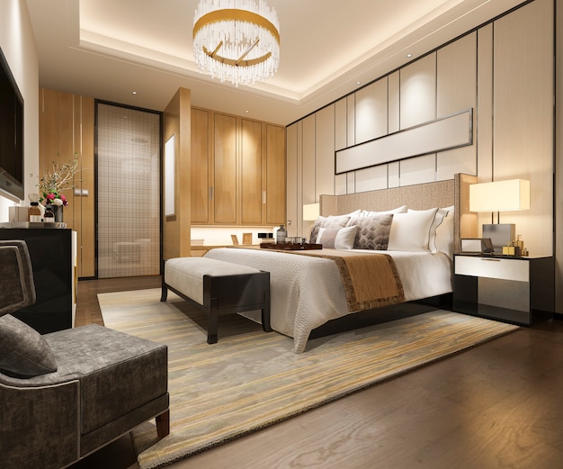 3d rendering of luxury modern bedroom suite in hotel