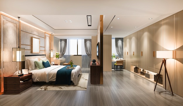 3d rendering luxury modern bedroom suite tv with wardrobe and walk in closet and make up table