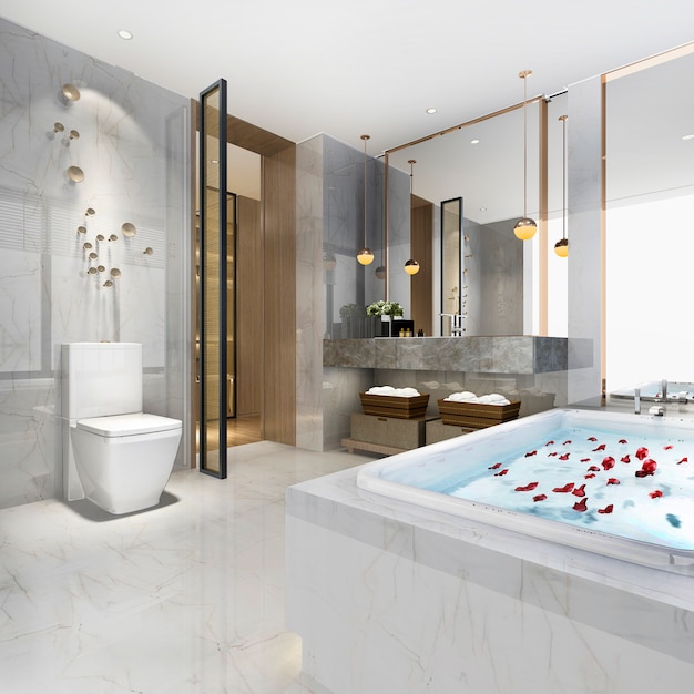 Photo 3d rendering luxury modern design bathroom and toilet