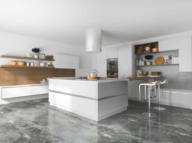 Rappresentazione 3d della cucina moderna di lusso