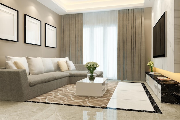 3d-рендеринг роскошной и современной гостиной с кожаным диваном и лампой