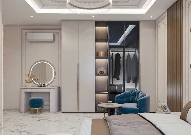 Photo 3d rendering luxury neoclassic bedroom interior design