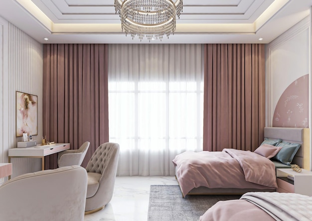 3d rendering luxury neoclassic girls pink bedroom interior