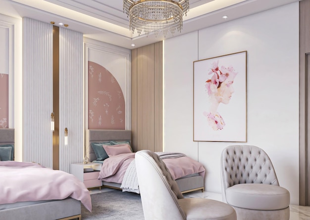 3d рендеринг роскошного неоклассического интерьера розовой спальни для девочек