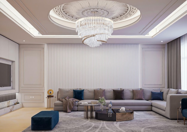 3d rendering luxury neoclassic living room interior design