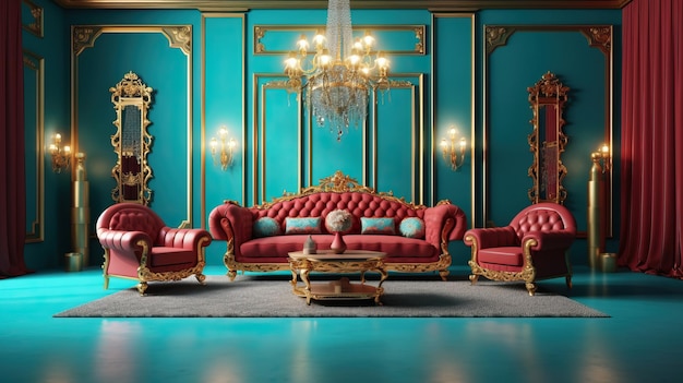 3D rendering luxury room background red and turquoise