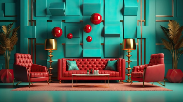 3D rendering luxury room background red and turquoise