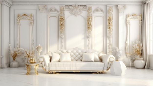 3D rendering luxury room white and gold background