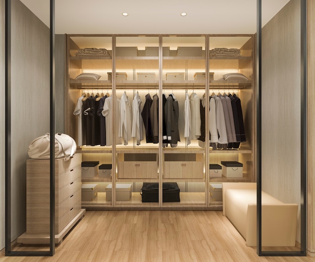 Photo 3d rendering luxury scandinavian wood walk in closet with wardrobe