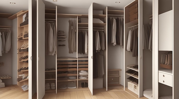 3d rendering luxury scandinavian wood walk in closet with wardrobe