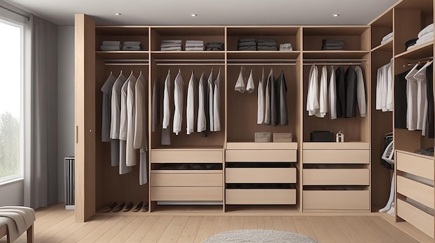 3d rendering luxury scandinavian wood walk in closet with wardrobe