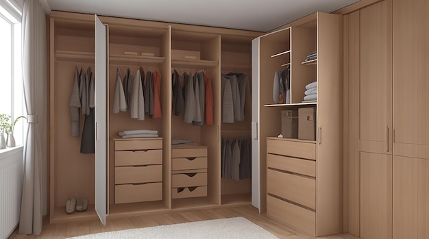 3d rendering luxury scandinavian wood walk in closet with wardrobe