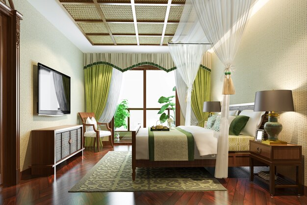 3d rendering luxury tropical bedroom suite in resort hotel and resort